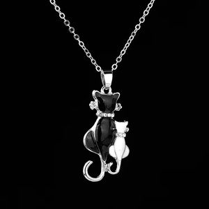 Black and White Enamel and Diamond Cat Necklace